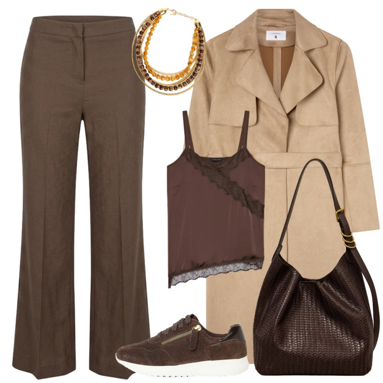 Outfit donna - Il trench miele ed i morbidi pantaloni. Stile Bon Ton per Ufficio. Abbinamento con top, pantaloni, borse a spalla, collane, trench, sneakers.