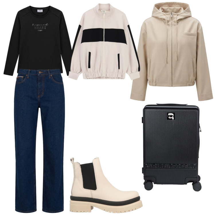 Outfit donna - Si viaggiare!. Stile Casual per Tutti i giorni. Abbinamento con stivaletti, valigie, cappotti, jeans, felpe, t-shirt.