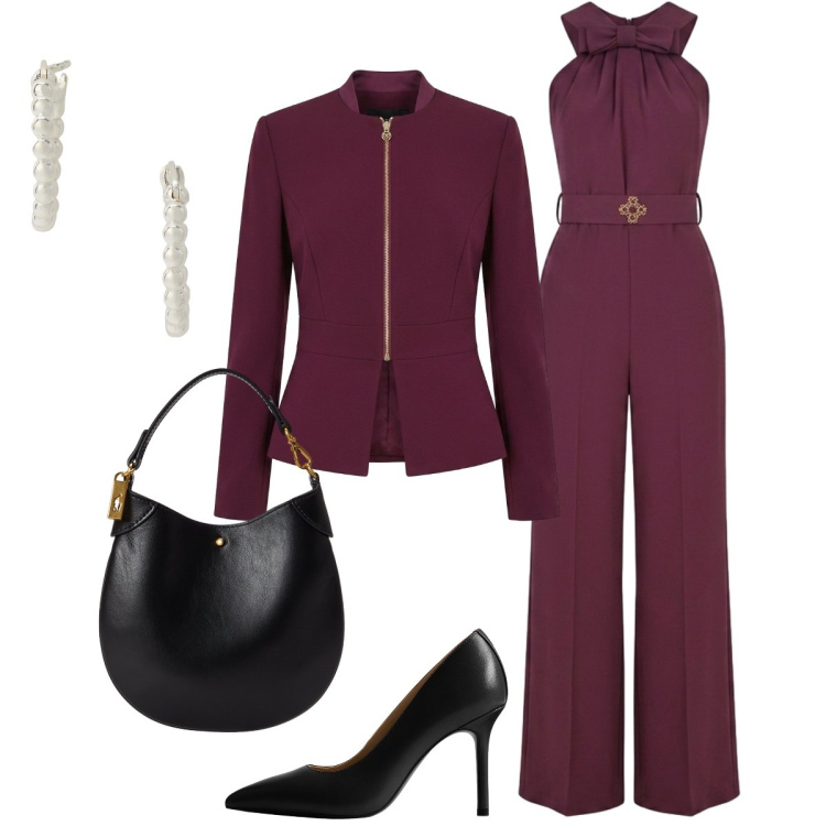 Outfit donna - Al Matrimonio. Stile Glamour per Cerimonia. Abbinamento con tute, blazer, orecchini, pochette, décolleté.