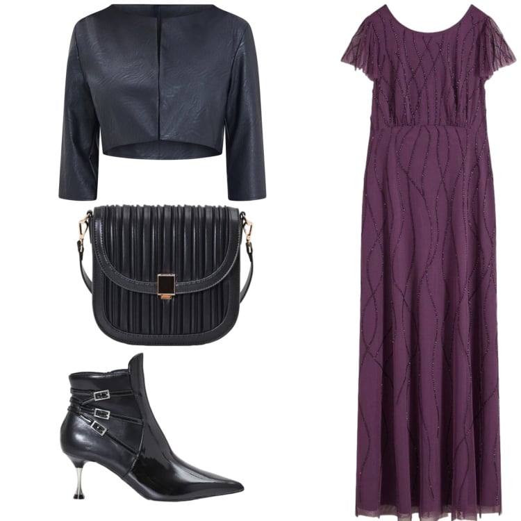 Outfit donna - Total look #2481092. Stile Chic per Serata fuori. Abbinamento con vestiti lunghi, bolero, borse a tracolla, stivaletti.