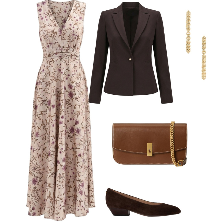 Outfit donna - Matrimonio in vigna. per Cerimonia. Abbinamento con vestiti lunghi, blazer, clutch, ballerine, orecchini.
