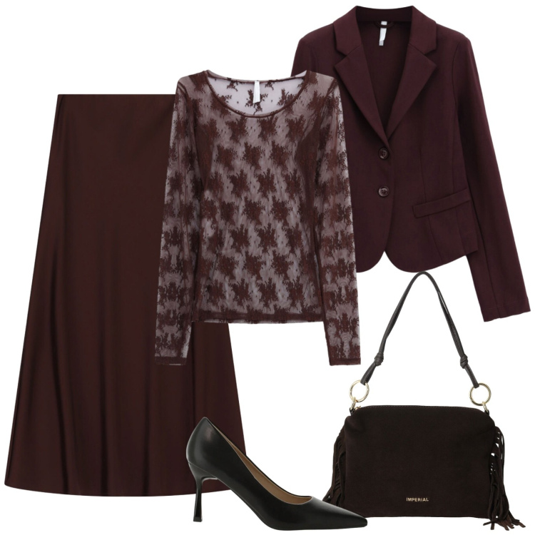 Outfit donna - Il blazer e la maglia di pizzo. Stile Bon Ton per Serata fuori. Abbinamento con t-shirt, gonne lunghe, blazer, borse a spalla, décolleté.