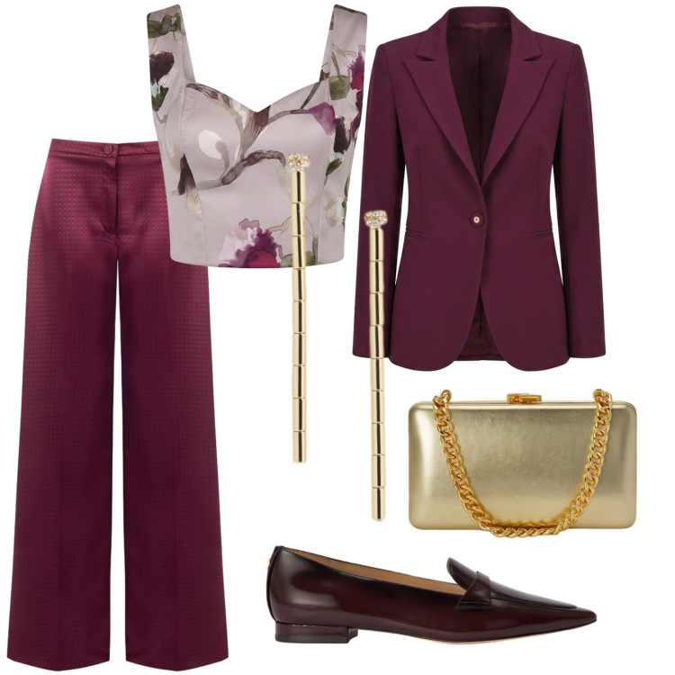 Outfit donna - Cerimonia d'autunno. per Cerimonia. Abbinamento con mocassini, clutch, orecchini, pantaloni a palazzo, top, blazer.