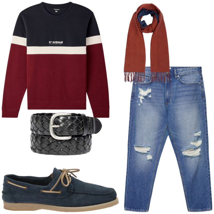 Outfit uomo - Total look #2481101. Stile Casual per Tutti i giorni. Abbinamento con scarpe stringate, sciarpe, cinture, felpe, jeans strappati.