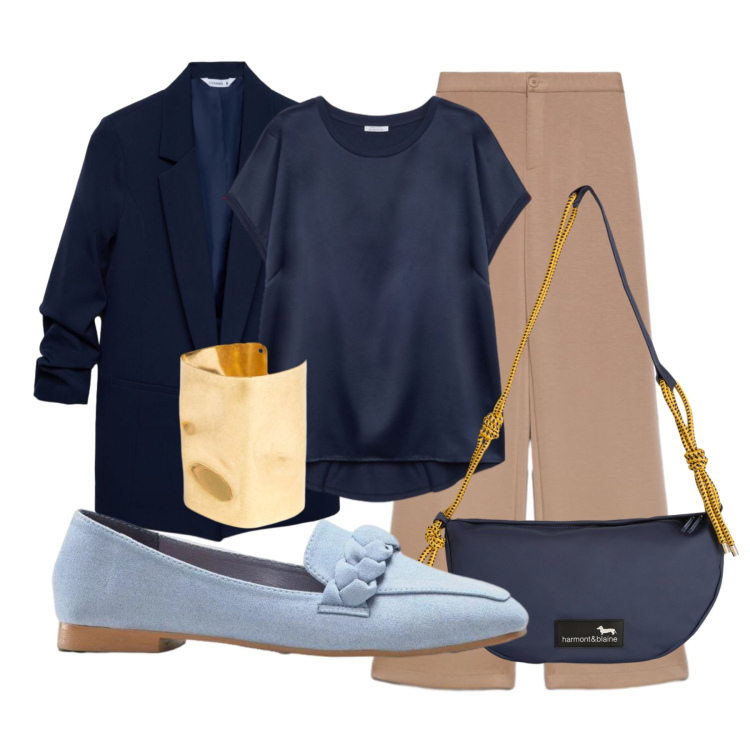 Outfit donna - Focus Donna Curvy. Stile Chic per Ufficio. Abbinamento con mocassini, pantaloni a palazzo, blazer, borse a tracolla, bluse, braccialetti.