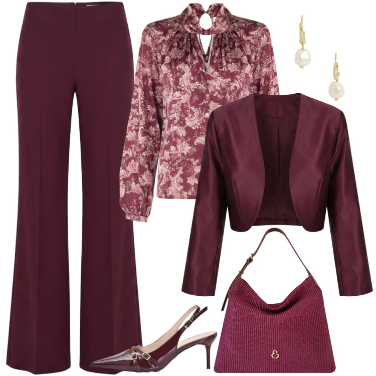 Outfit donna - Tailleur bordeaux e camicia di seta. Stile Chic per Serata fuori. Abbinamento con borse a spalla, orecchini, bluse, décolleté, blazer, pantaloni a palazzo.