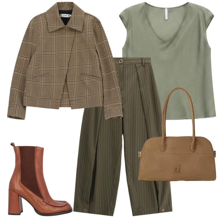 Outfit donna - Total look #2481116. Stile Casual per Tutti i giorni. Abbinamento con pantaloni a palazzo, t-shirt, cappotti, borse a spalla, stivaletti chelsea.