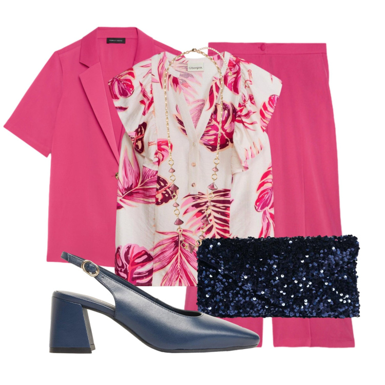 Outfit donna - Cerimonia Donna Curvy. Stile Chic per Cerimonia. Abbinamento con collane, blazer, pantaloni a palazzo, clutch, décolleté, bluse.