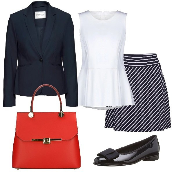 Outfit donna - La gonna a righe. Stile Bon Ton per Ufficio. Abbinamento con blazer, top collo tondo con zip jersey, gonna jersey navy, ballerine blu, borsa a tracolla made italy con zip e manico con scomparti.