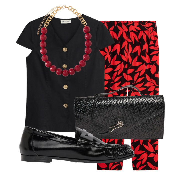 Outfit donna - Focus Donna Curvy. Stile Chic per Ufficio. Abbinamento con collane, clutch, pantaloni a palazzo, mocassini, bluse.
