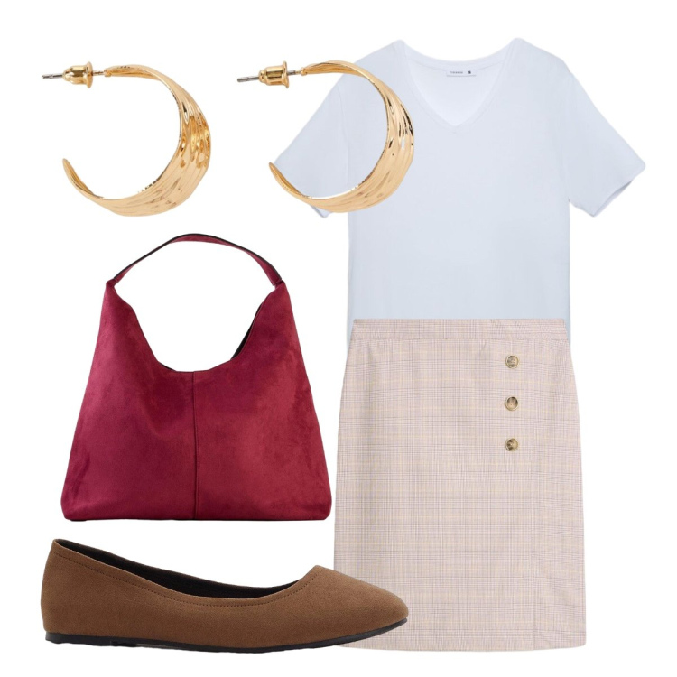 Outfit donna - A lavoro. Stile Casual per Ufficio. Abbinamento con t-shirt, gonne longuette, ballerine, borse a spalla, orecchini.