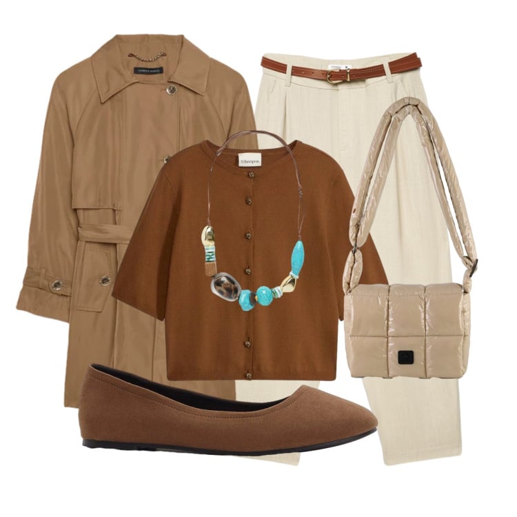 Outfit donna - Trench leggero e toni caldi. Stile Chic per Tutti i giorni. Abbinamento con collane, trench, borse a spalla, pantaloni chino, cardigans, ballerine.