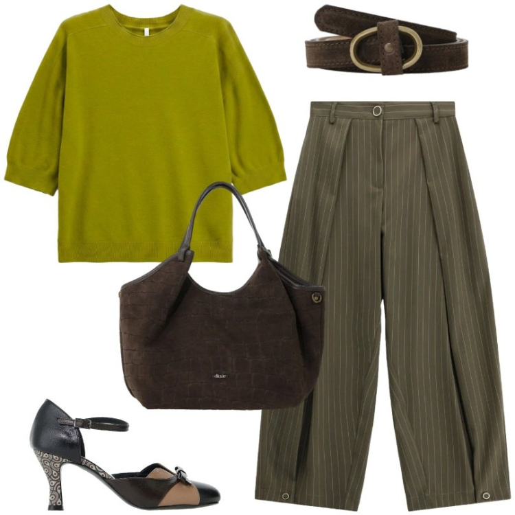 Outfit donna - Total look #2481124. Stile Chic per Serata fuori. Abbinamento con pantaloni a palazzo, maglieria, borse a spalla, cinture, décolleté.
