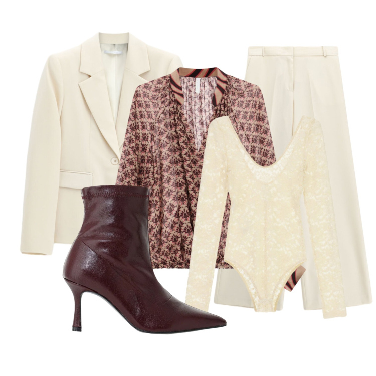 Outfit donna - We Are Back. Stile Glamour per Ufficio. Abbinamento con stivaletti, bluse, body, blazer, pantaloni a palazzo.
