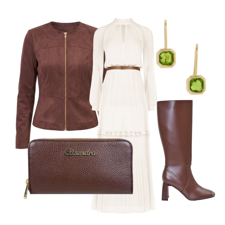 Outfit donna - Invito d’autunno. Stile Romantica per Cerimonia. Abbinamento con portafogli, orecchini, stivali sopra il ginocchio, blazer, vestiti lunghi.