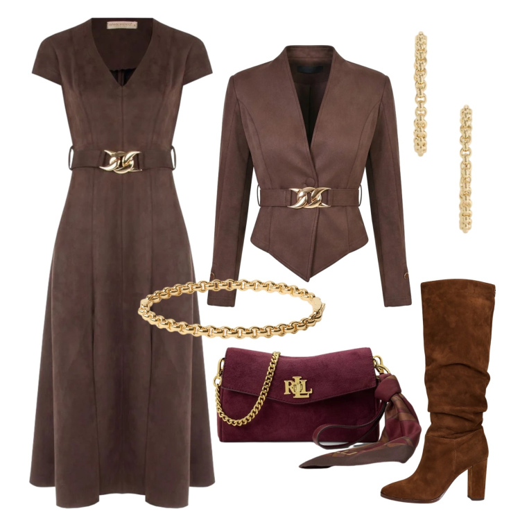 Outfit donna - Una festa in autunno. Stile Chic per Cerimonia. Abbinamento con vestiti midi/longuette, blazer, stivali, borse a tracolla, orecchini, braccialetti.