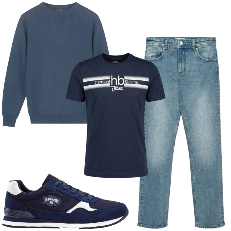 Outfit uomo - Total look #2481136. Stile Casual per Tutti i giorni. Abbinamento con t-shirt, maglieria, jeans dritti, sneakers.