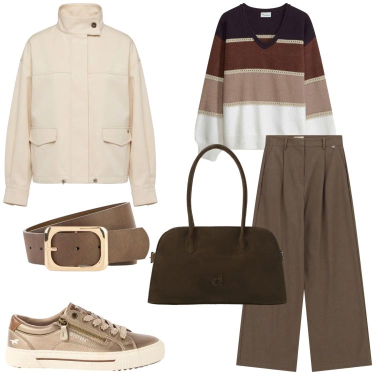 Outfit donna - Total look #2481137. Stile Casual chic per Tutti i giorni. Abbinamento con cinture, sneakers, maglieria, bomber, pantaloni a palazzo, borse a spalla.