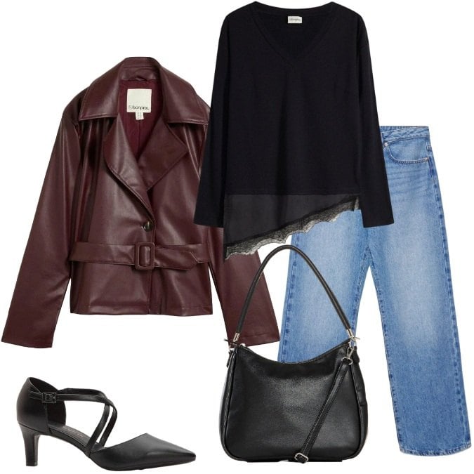 Outfit donna - Eleganza Casual: perfetto per l'Autunno. Stile Urban per Tutti i giorni. Abbinamento con jeans dritti, maglieria, décolleté, trench, borse a mano.