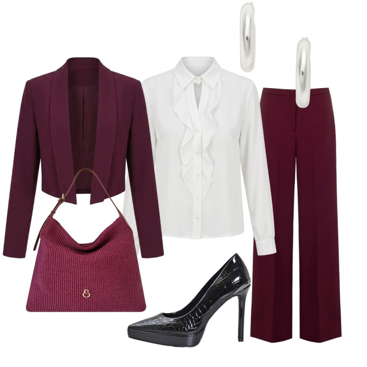 Outfit donna - Bordeaux per una Cerimonia Autunnale. Stile Chic per Cerimonia. Abbinamento con borse a spalla, orecchini, camicie, blazer, pantaloni a palazzo, décolleté.