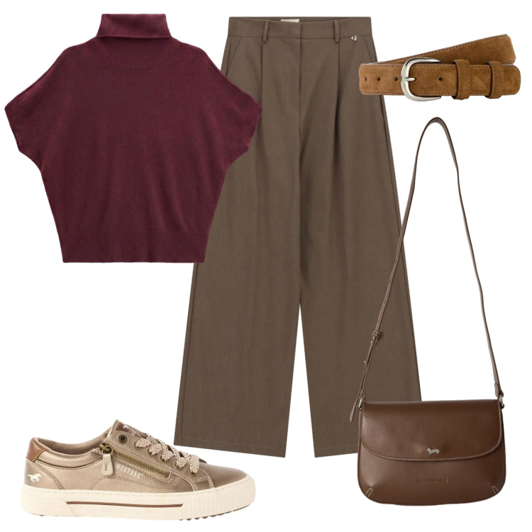 Outfit donna - Sottobosco. Stile Casual chic per Tutti i giorni. Abbinamento con cinture, sneakers, pullovers, borse a tracolla, pantaloni a palazzo.