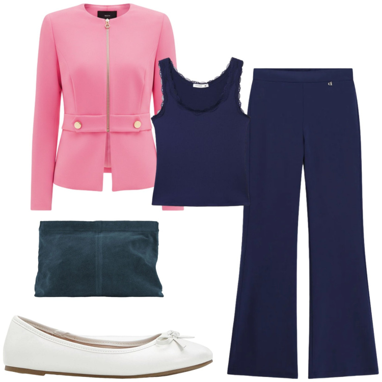Outfit donna - Total look #2481177. Stile Chic per Ufficio. Abbinamento con ballerine, top, blazer, pantaloni, pochette.