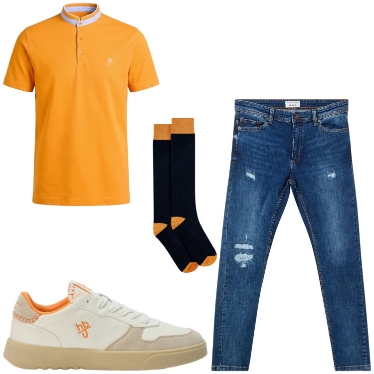 Outfit uomo - Total look #2481183. Stile Casual per Tutti i giorni. Abbinamento con polo, sneakers, calzini, jeans strappati.