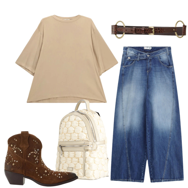 Outfit donna - Total look #2481190. Stile Casual chic per Tutti i giorni. Abbinamento con jeans, stivaletti texani, t-shirt, cinture, zaini.