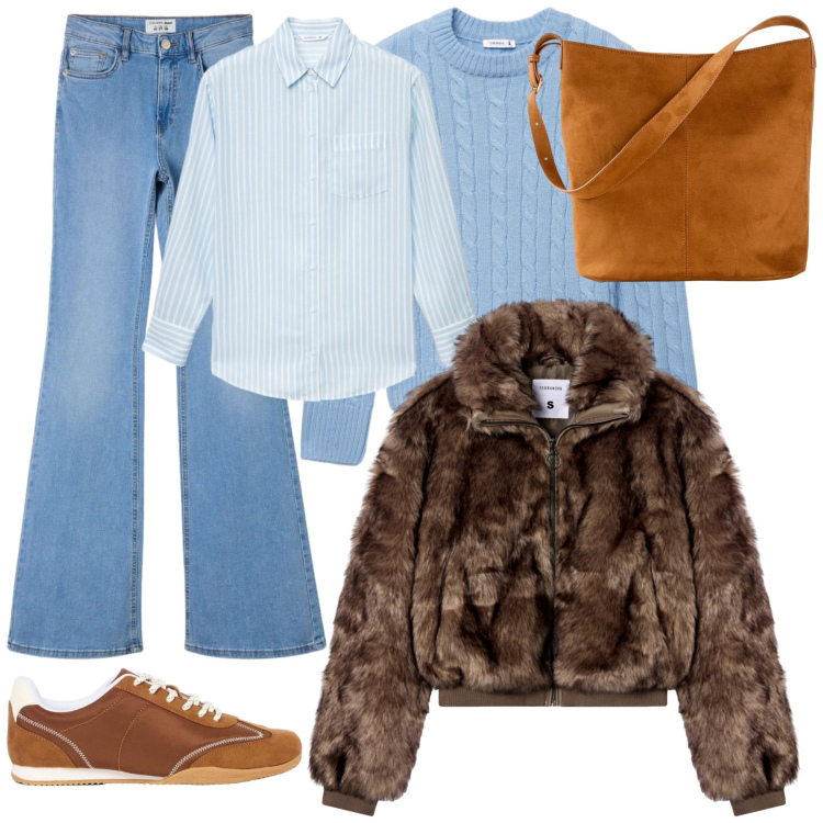 Outfit donna - Tempo Libero. Stile Urban per Tutti i giorni. Abbinamento con borse a mano, sneakers, ecopellicce, camicie, jeans a zampa, maglieria.
