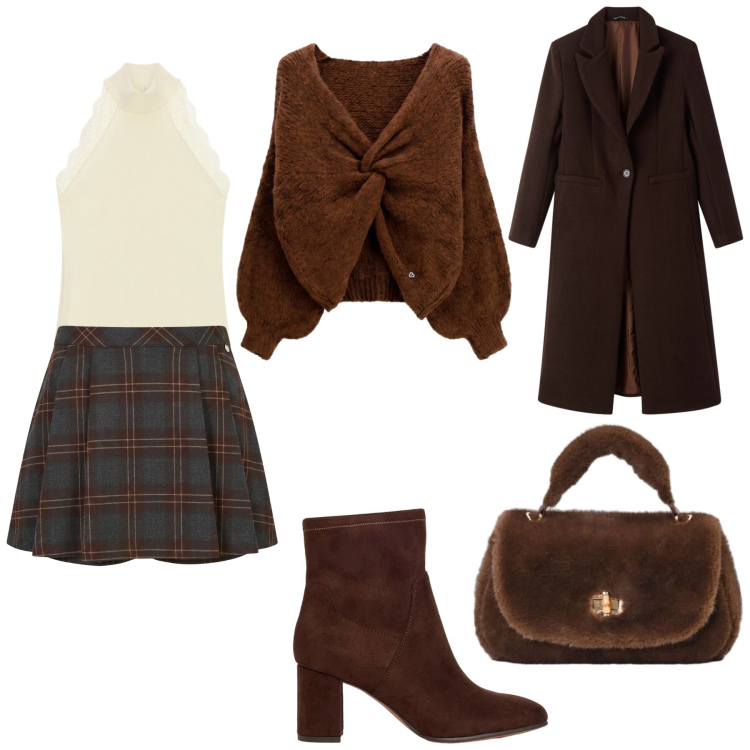 Outfit donna - Autumn. Stile Casual per Tutti i giorni. Abbinamento con top, maglieria, borse a mano, minigonne, cappotti, stivaletti.