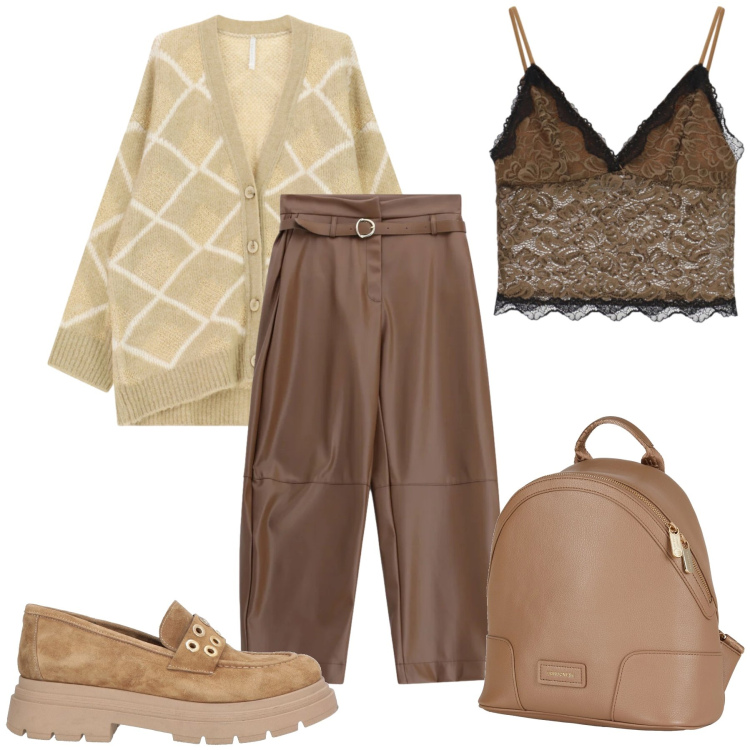 Outfit donna - Total look #2481199. Stile Glamour per Tutti i giorni. Abbinamento con zaini, mocassini, pantaloni, cardigans, top.