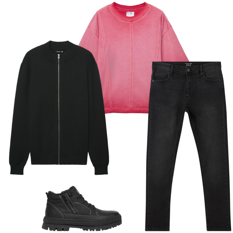 Outfit uomo - Total look #2481206. Stile Casual per Tutti i giorni. Abbinamento con jeans skinny, t-shirt, cardigans, stivali e stivaletti.