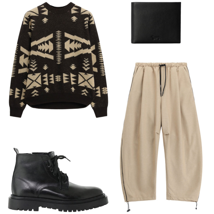 Outfit uomo - Con gli amici. Stile Trendy per Serata speciale. Abbinamento con portafogli, pantaloni, maglieria, anfibi.