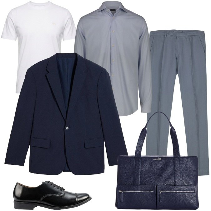 Outfit uomo - Dall'Aeroporto al Meeting. Stile Business/Elegante per Ufficio. Abbinamento con t-shirt, borse sportive, pantaloni, camicie, scarpe stringate, giacche.