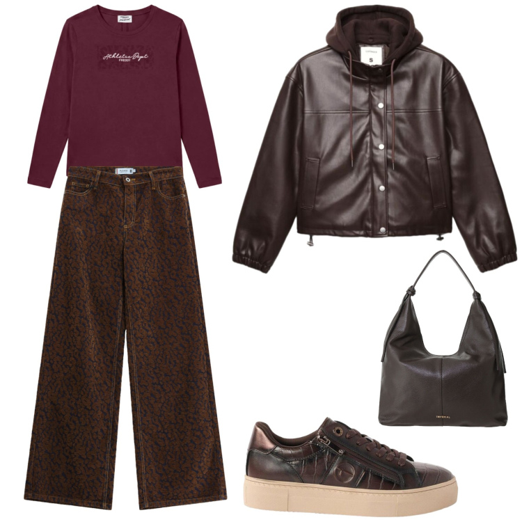 Outfit donna - Autumn. Stile Casual per Tutti i giorni. Abbinamento con sneakers, bomber, borse a spalla, pantaloni a palazzo, t-shirt.