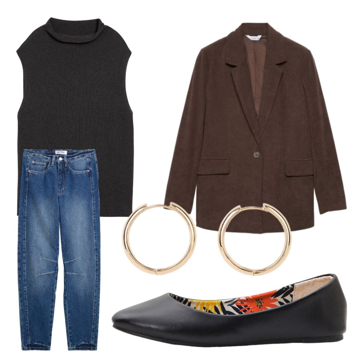 Outfit donna - Settembre. Stile Casual per Ufficio. Abbinamento con jeans mom, ballerine, maglieria, orecchini, blazer.