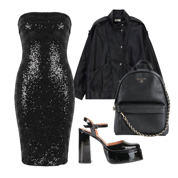 Outfit donna - Settembre in black. Stile Casual chic per Serata fuori. Abbinamento con vestiti midi/longuette, bomber, zaini, décolleté.