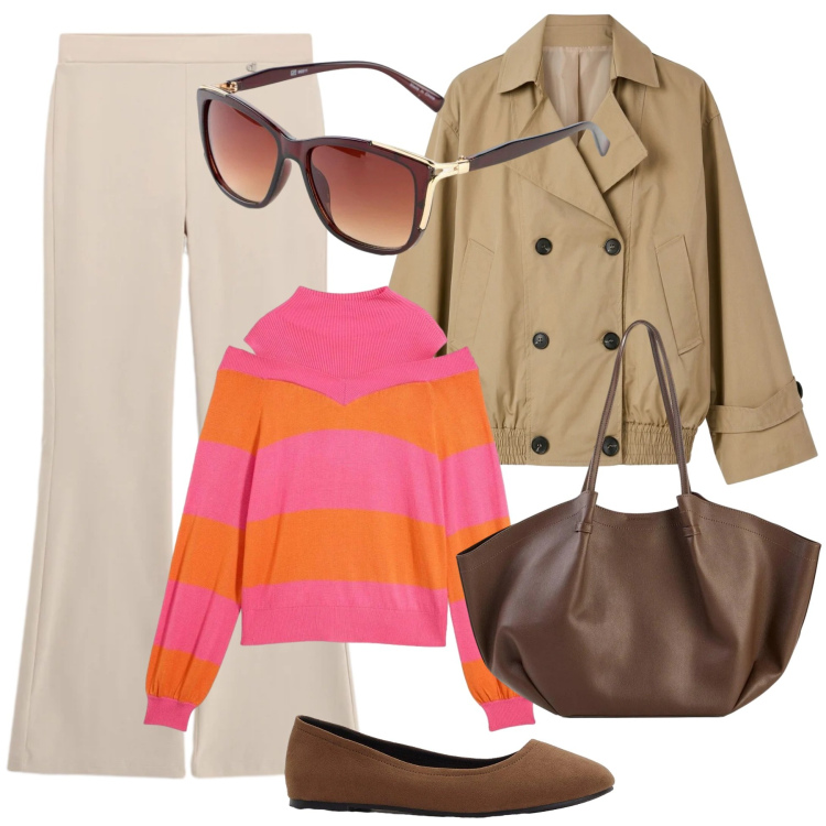 Outfit donna - Benvenuto Autunno. Stile Urban per Tutti i giorni. Abbinamento con ballerine, shopping bag, occhiali da sole, pullovers, trench, pantaloni.