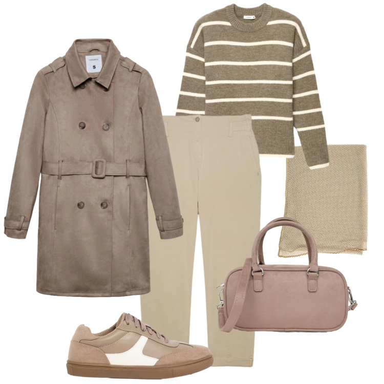 Outfit donna - Toni caldi in trench. Stile Casual per Tutti i giorni. Abbinamento con sneakers, borse a tracolla, pullovers, trench, pantaloni, stole.