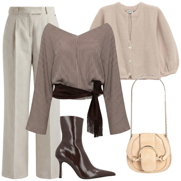 Outfit donna - Il tronchetto. Stile Basic per Serata fuori. Abbinamento con marsupi, stivaletti, top, pantaloni, cardigans.