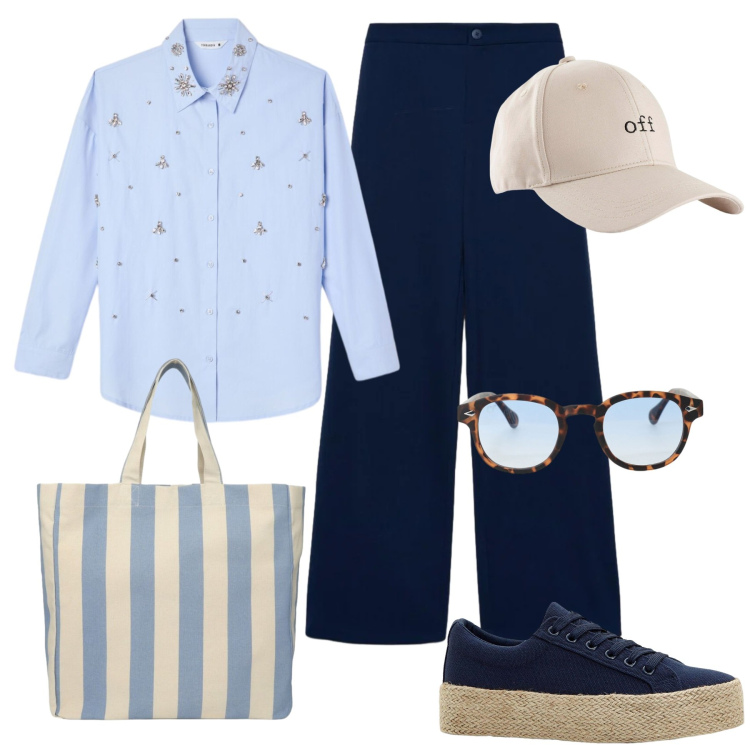 Outfit donna - Sempre in moto. Stile Casual per Tutti i giorni. Abbinamento con cappelli con visiera, sneakers, shopping bag, camicie, pantaloni a palazzo, occhiali da sole.