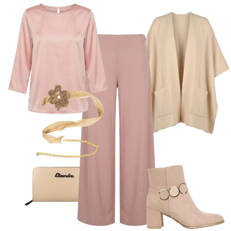 Outfit donna - Eleganza curve morbide H24. Stile Glamour per Tutti i giorni. Abbinamento con portafogli, pantaloni a palazzo, bluse, cappe, cinture, stivaletti.