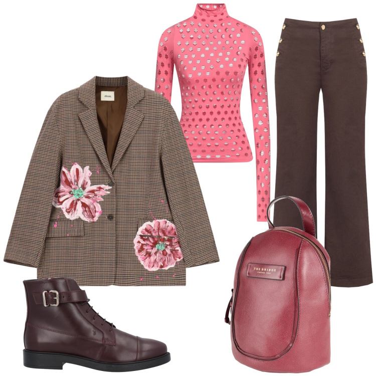 Outfit donna - Total look #2481243. Stile Glamour per Tutti i giorni. Abbinamento con pantaloni, blazer, zaini, stivaletti, t-shirt.