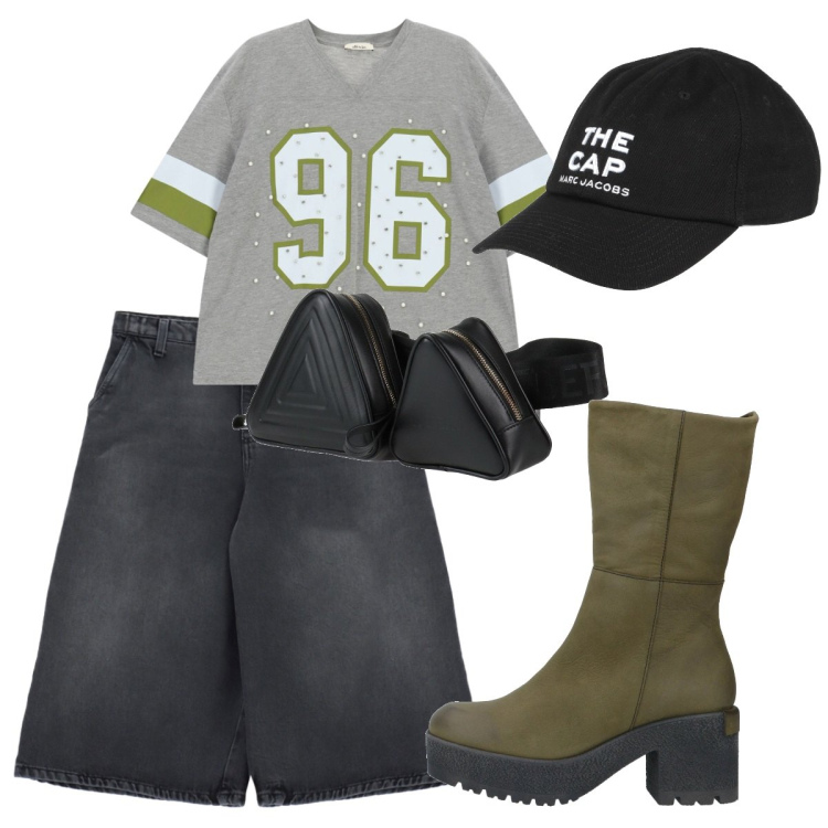 Outfit donna - Il marsupio. Stile Basic per Tutti i giorni. Abbinamento con marsupi, stivaletti, cappelli con visiera, bermuda, t-shirt.