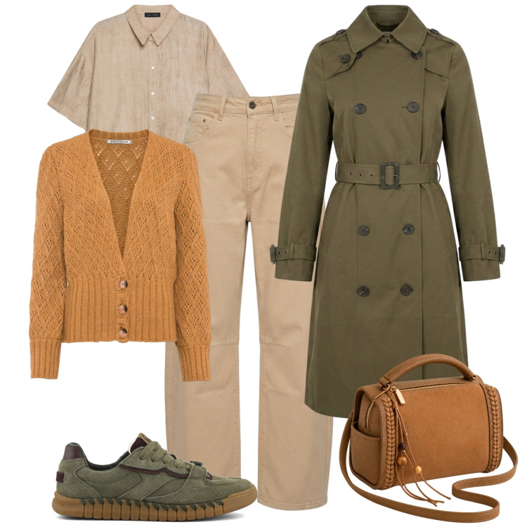 Outfit donna - Layering con un trench. Stile Trendy per Tutti i giorni. Abbinamento con camicie a manica corta, jeans, trench, borse a tracolla, sneakers, cardigans.