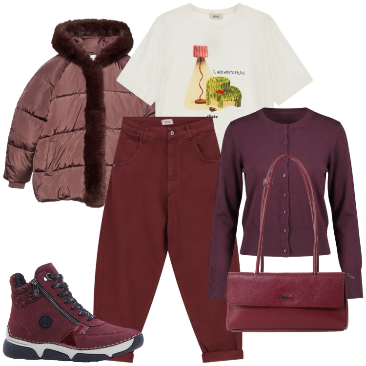 Outfit donna - Bordeaux. Stile Casual per Tutti i giorni. Abbinamento con cardigans, borse a spalla, t-shirt, pantaloni, piumini, stivaletti.