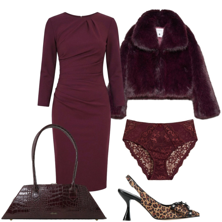 Outfit donna - Tubino e pellicciotto. Stile Sexy per Serata fuori. Abbinamento con décolleté, culotte, blazer, vestiti midi/longuette, borse a spalla.