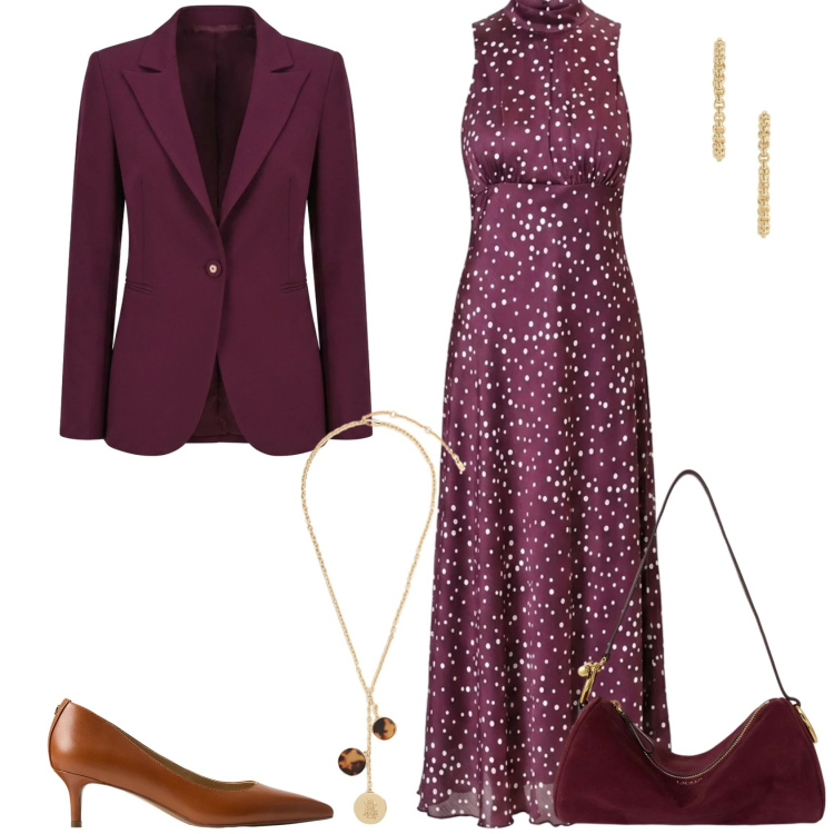Outfit donna - Invito d\'autunno. Stile Chic per Cerimonia. Abbinamento con vestiti lunghi, blazer, borse a spalla, orecchini, décolleté, collane.