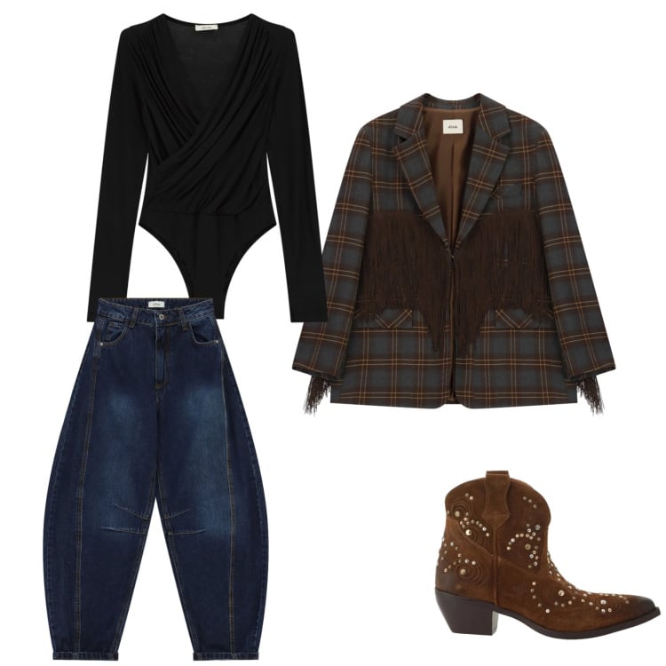 Outfit donna - Dixie. Stile Casual per Scuola/Università. Abbinamento con blazer, jeans, stivaletti texani, body.