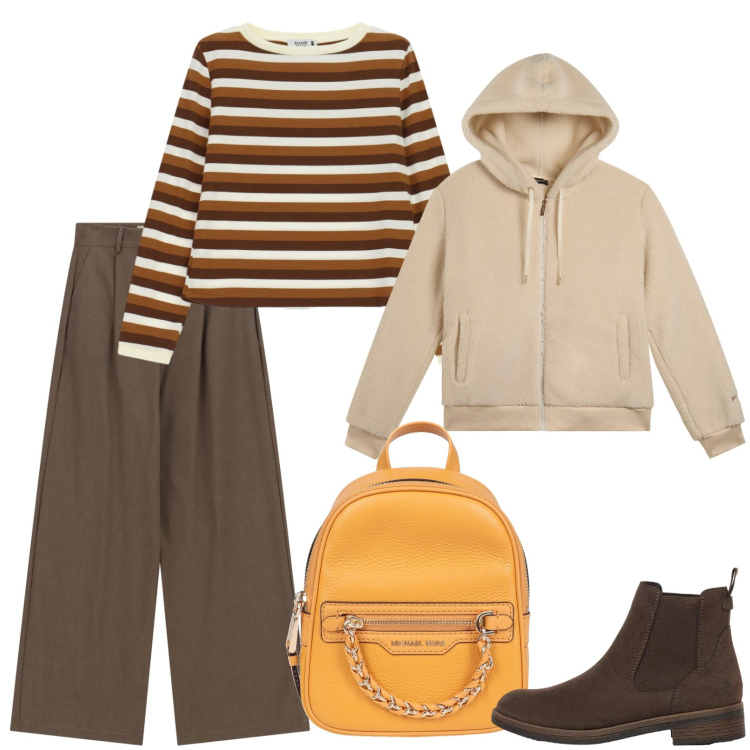 Outfit donna - Lo zainetto giallo. Stile Casual per Scuola/Università. Abbinamento con zaini, stivaletti, t-shirt, pantaloni a palazzo, bomber.